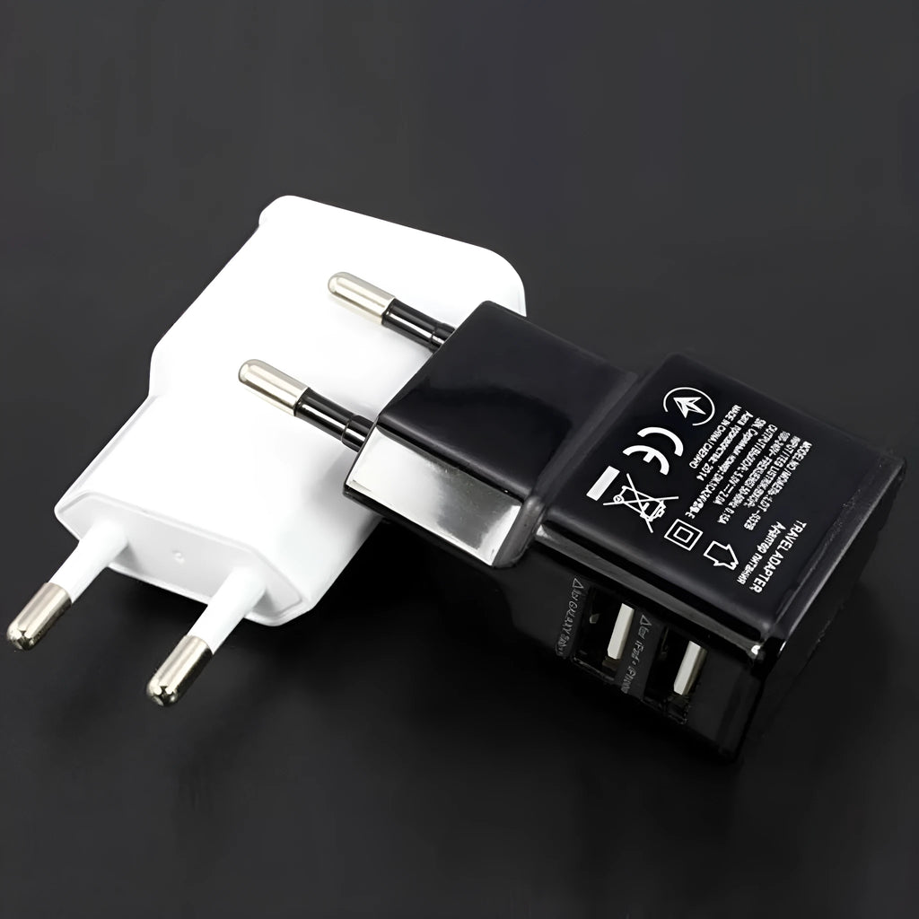 Travel USB Charger Adapter Wall Type EU Plug Phone Smart Dual USB Port 2A 1A UK Travel Home Office 110V-240V 50-60Hz Black White Compact Lightweight Android Phone Charger by CCC Certified