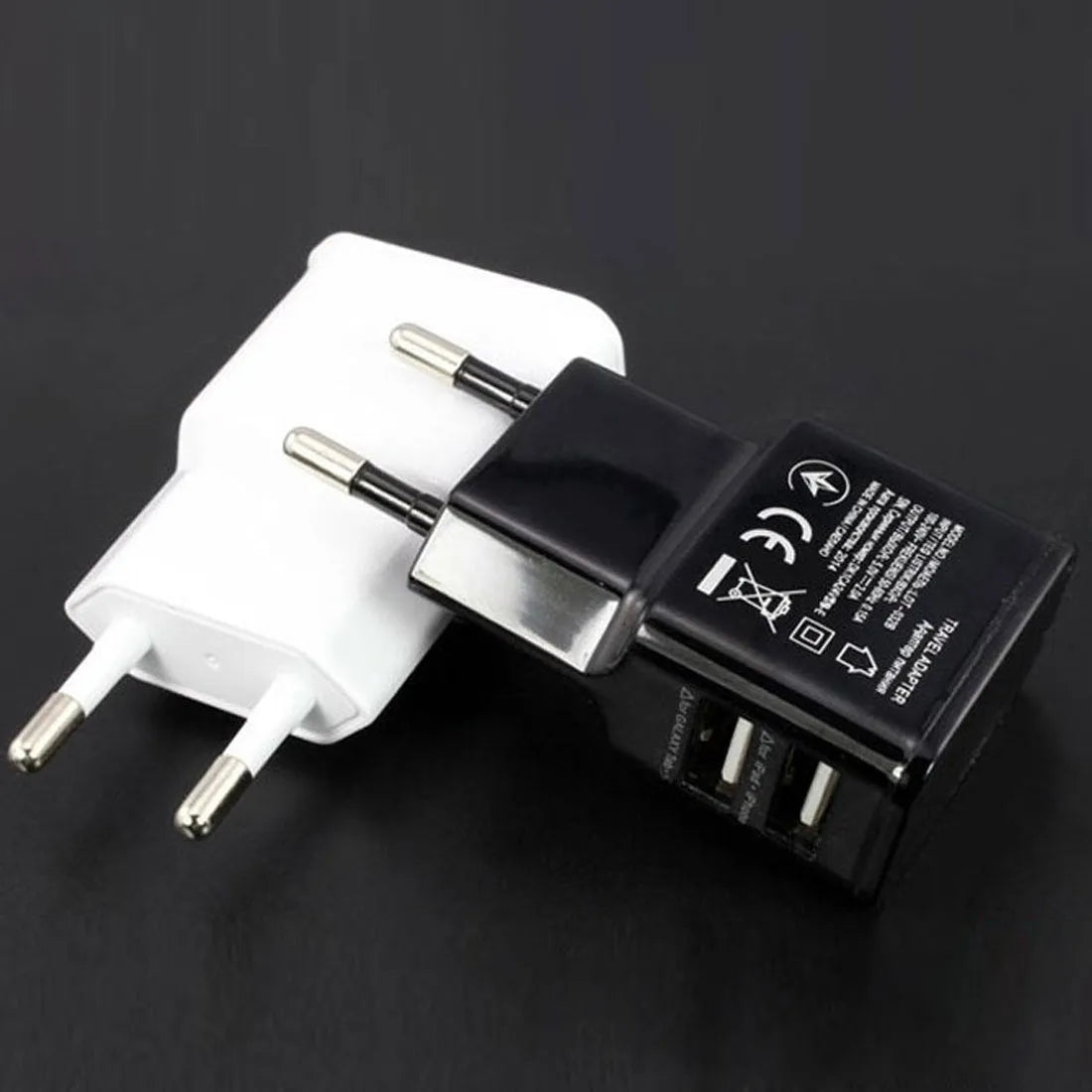 Travel USB Charger Adapter Wall Type EU Plug Phone Smart Dual USB Port 2A 1A UK Travel Home Office 110V-240V 50-60Hz Black White Compact Lightweight Android Phone Charger by CCC Certified