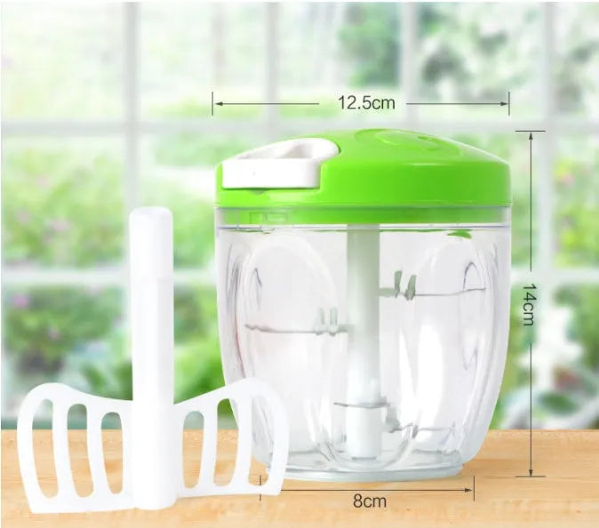 Green manual vegetable chopper with three stainless steel blades and 500ml ABS plastic container
