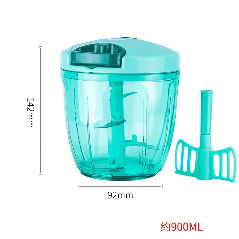 Green manual vegetable chopper with three stainless steel blades and 500ml ABS plastic container