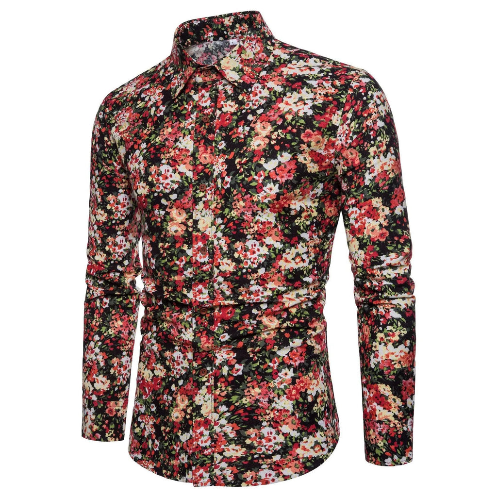 Men long sleeve floral linen cardigan shirt with square collar in Asian fit, one of 11 colour variants