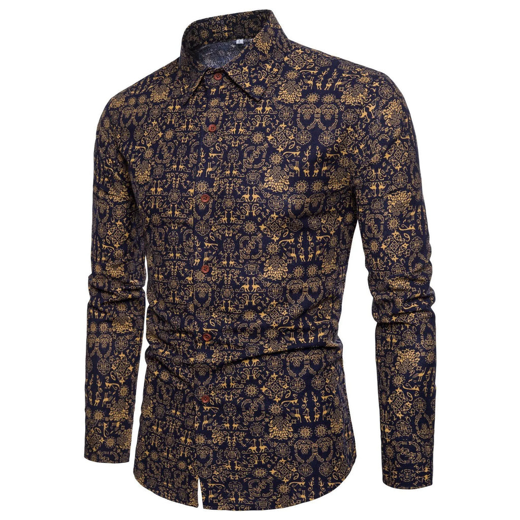 Men long sleeve floral linen cardigan shirt with square collar in Asian fit, one of 11 colour variants