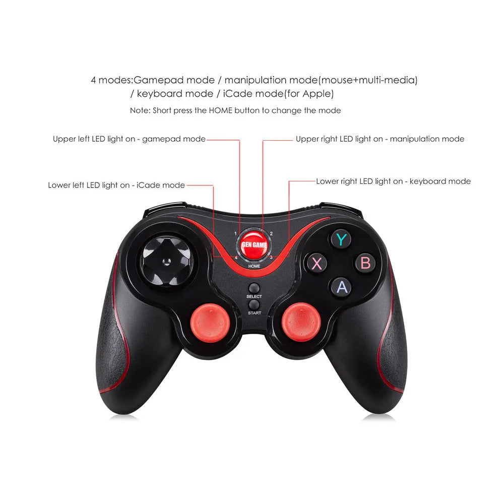 Black wireless Bluetooth gamepad controller for mobile phones on a table next to a charging cable.