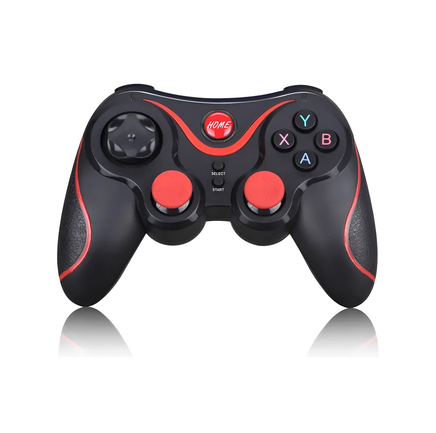 Black wireless Bluetooth gamepad controller for mobile phones on a table next to a charging cable.