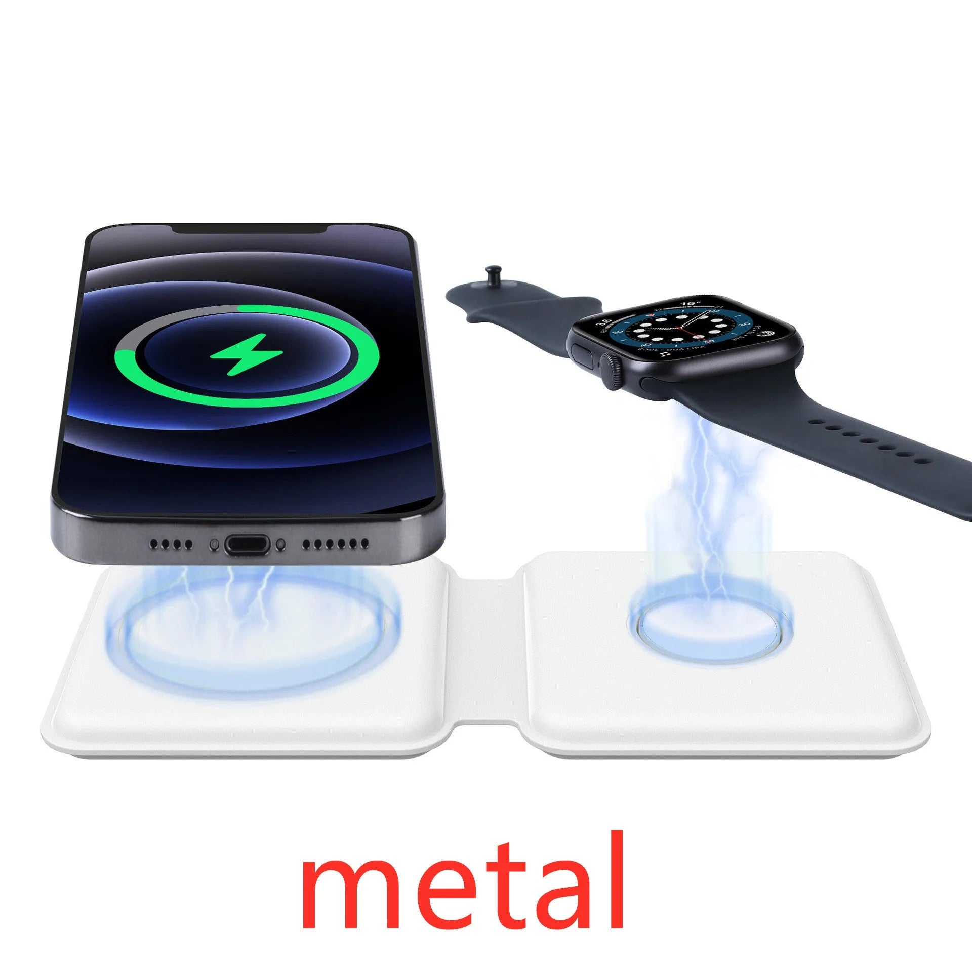 White foldable magnetic wireless charging dock showing dual charging pads for two phones