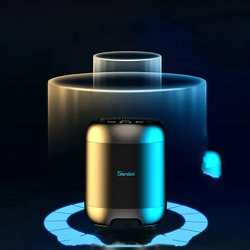 Small black or white wireless Bluetooth speaker with super subwoofer on a desk.