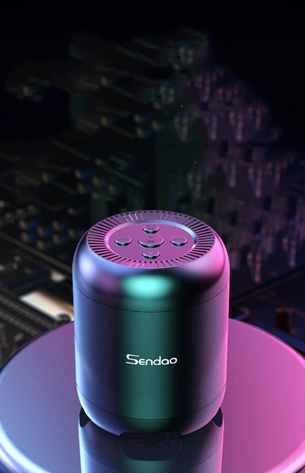 Small black or white wireless Bluetooth speaker with super subwoofer on a desk.