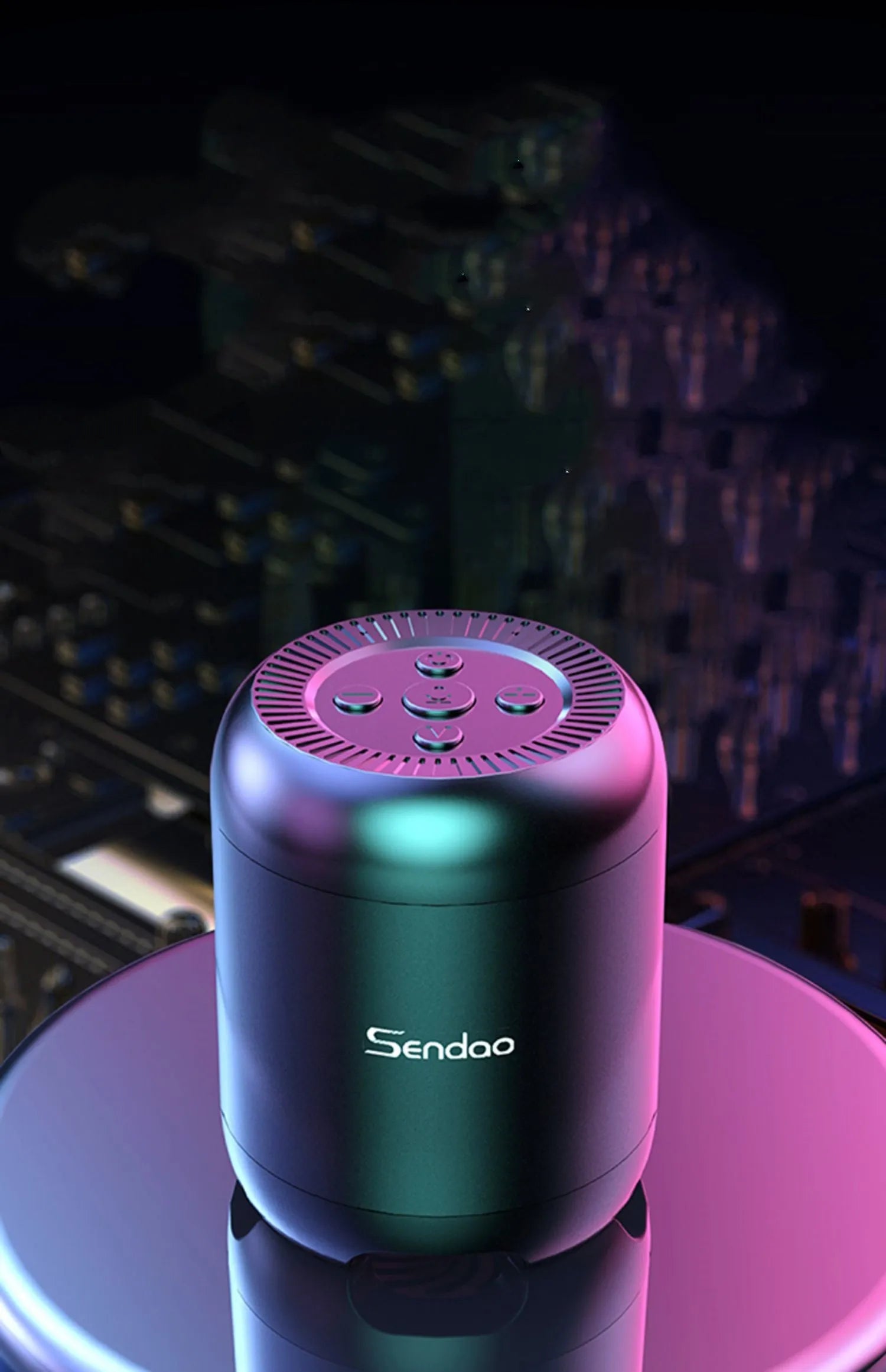 Small black or white wireless Bluetooth speaker with super subwoofer on a desk.