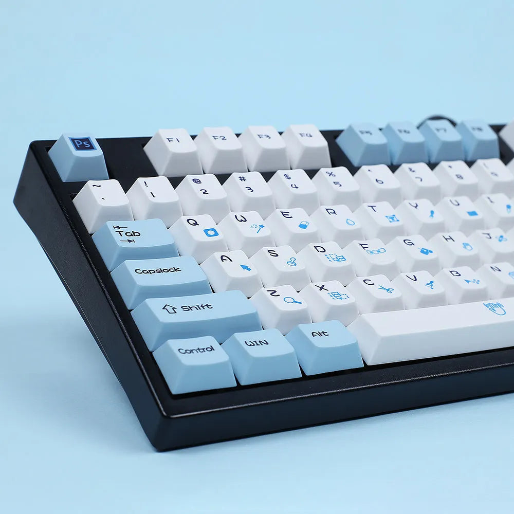 PS theme mechanical keyboard keycap set showing blue and white sublimation design with CMYK supplementary keys