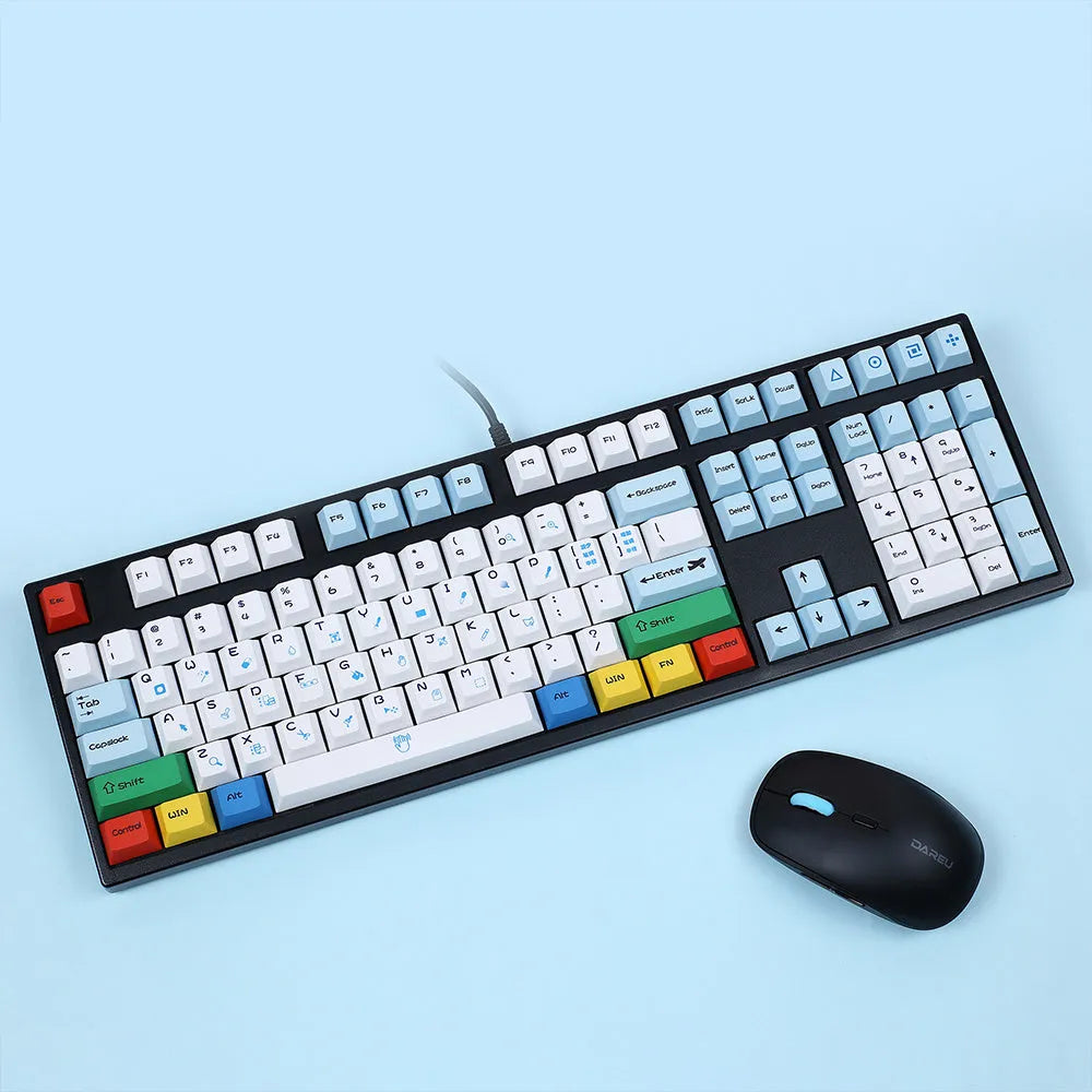 PS theme mechanical keyboard keycap set showing blue and white sublimation design with CMYK supplementary keys