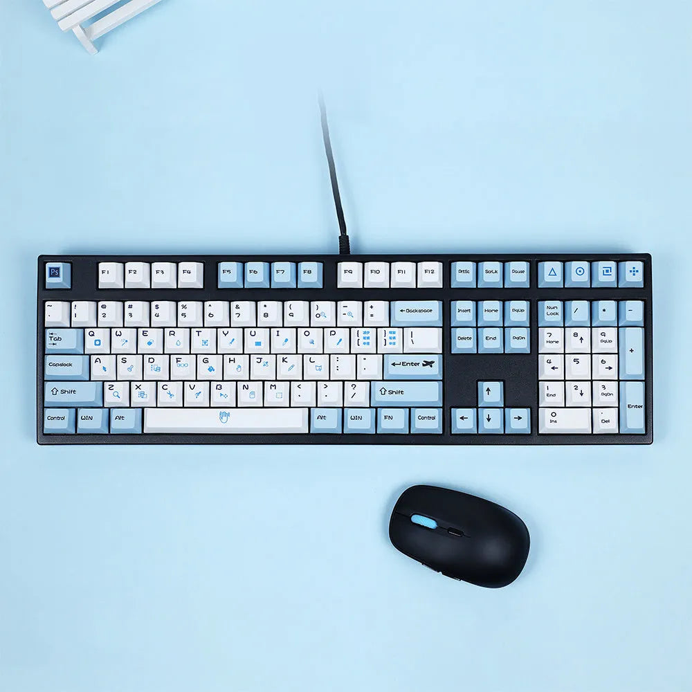 PS theme mechanical keyboard keycap set showing blue and white sublimation design with CMYK supplementary keys