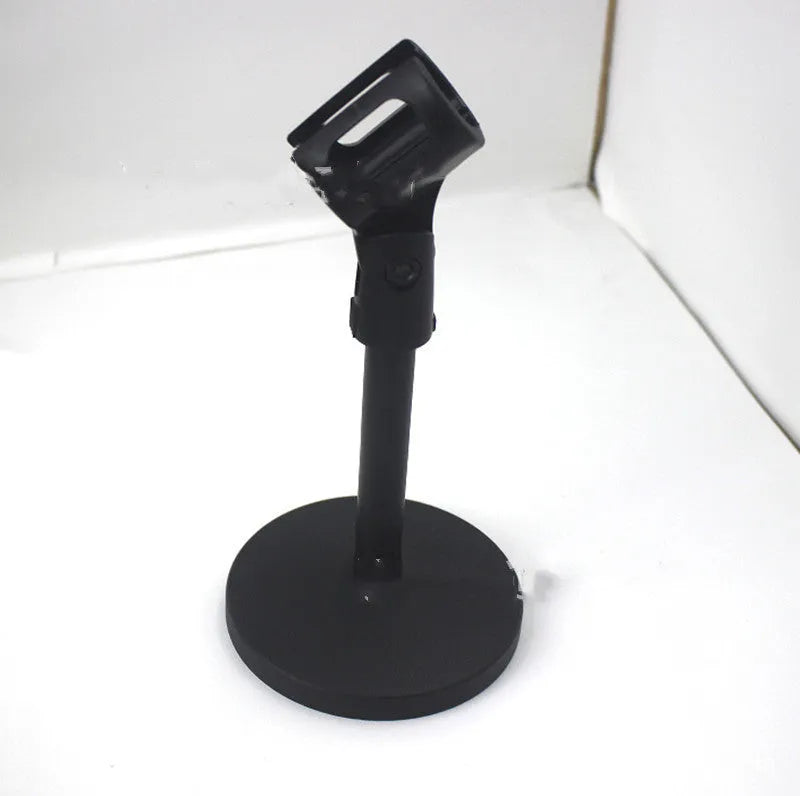 Black desktop microphone bracket with metal disc base and fixed 22cm tall stand.
