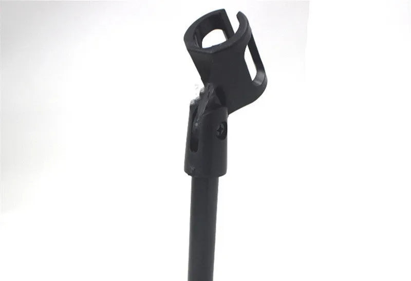 Black desktop microphone bracket with metal disc base and fixed 22cm tall stand.