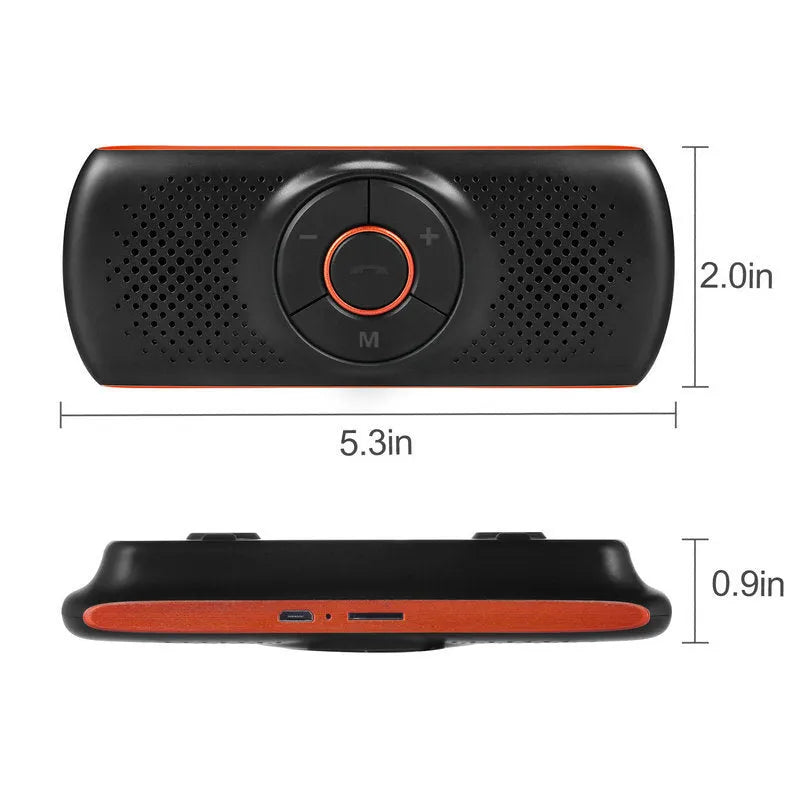 Orange Bluetooth car hands-free speaker unit clipped to a car sun visor.
