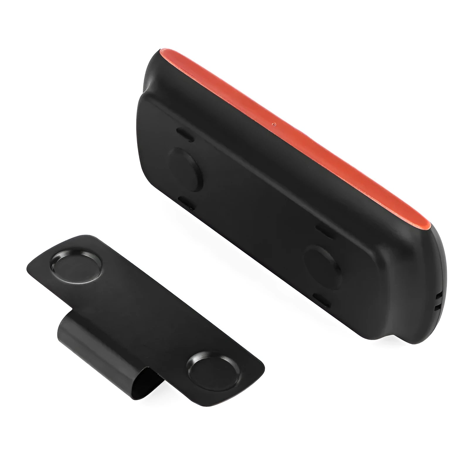 Orange Bluetooth car hands-free speaker unit clipped to a car sun visor.