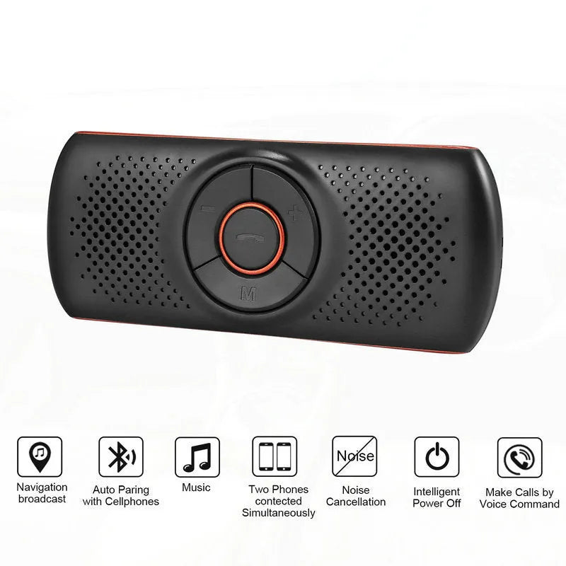 Orange Bluetooth car hands-free speaker unit clipped to a car sun visor.