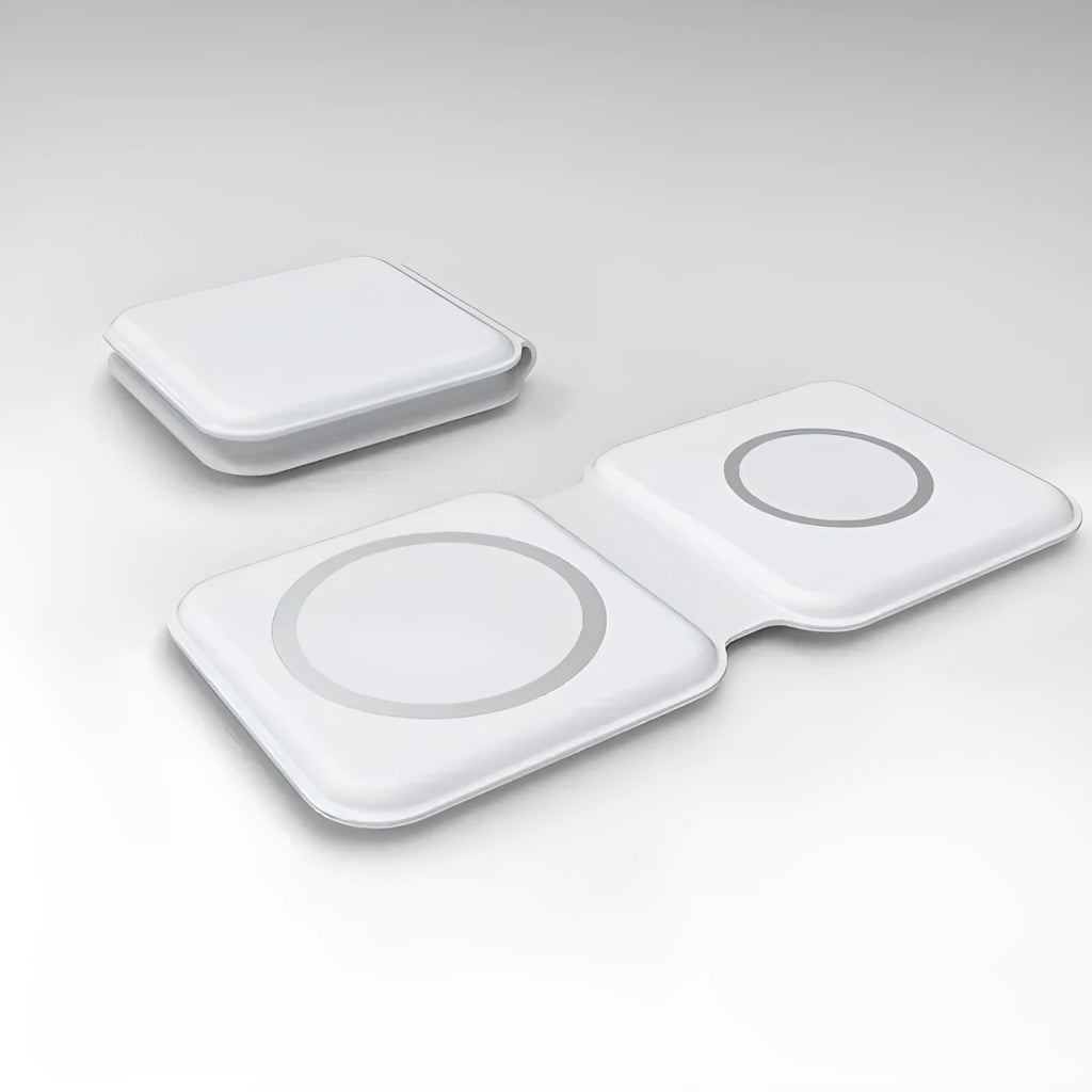 White foldable magnetic wireless charging dock showing dual charging pads for two phones