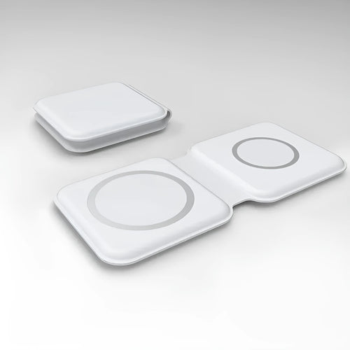 White foldable magnetic wireless charging dock showing dual charging pads for two phones