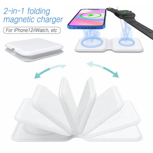 White foldable magnetic wireless charging dock showing dual charging pads for two phones