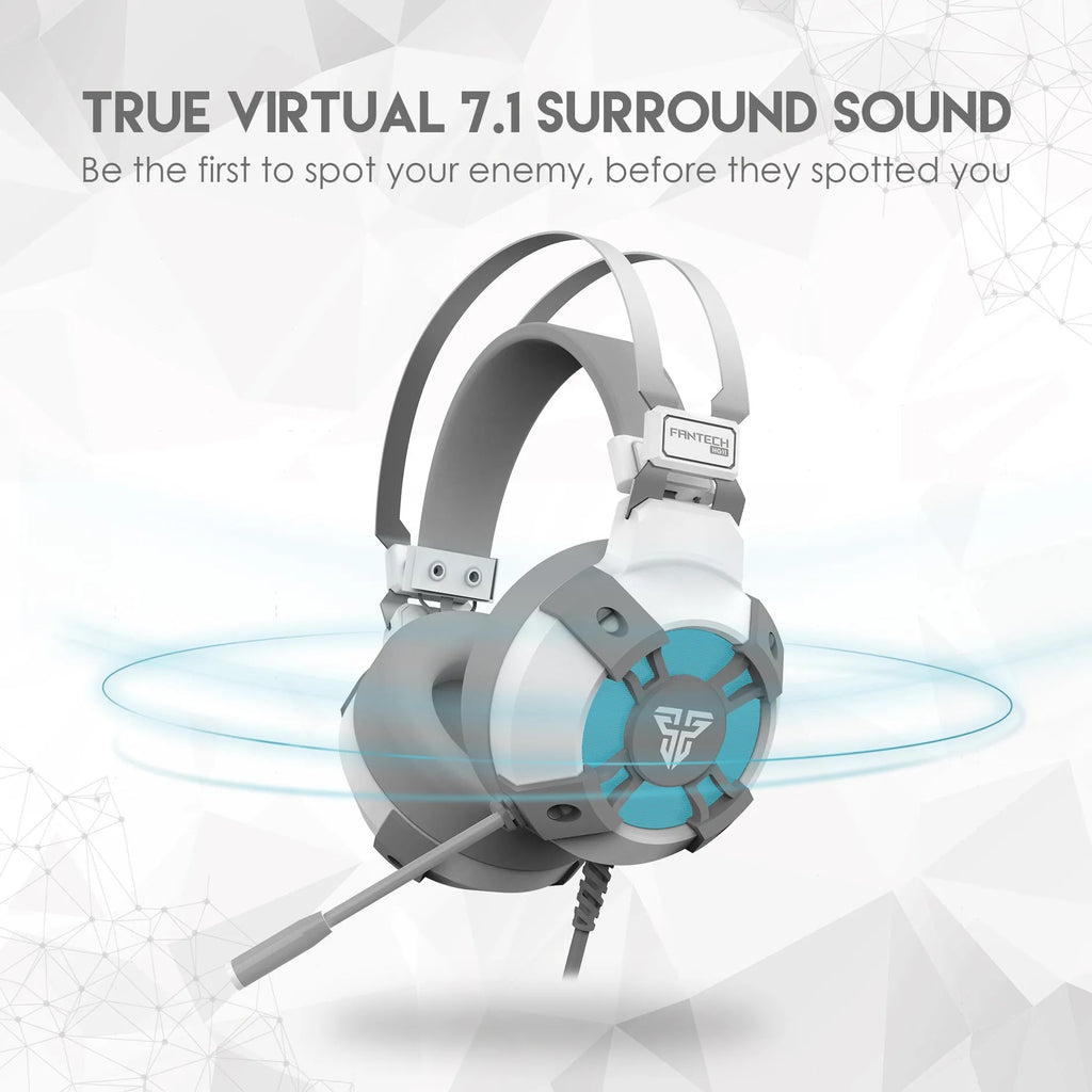Black FANTECH HG11 gaming headset with RGB lights, large ear cups, and a noise-cancelling microphone on a flexible boom.