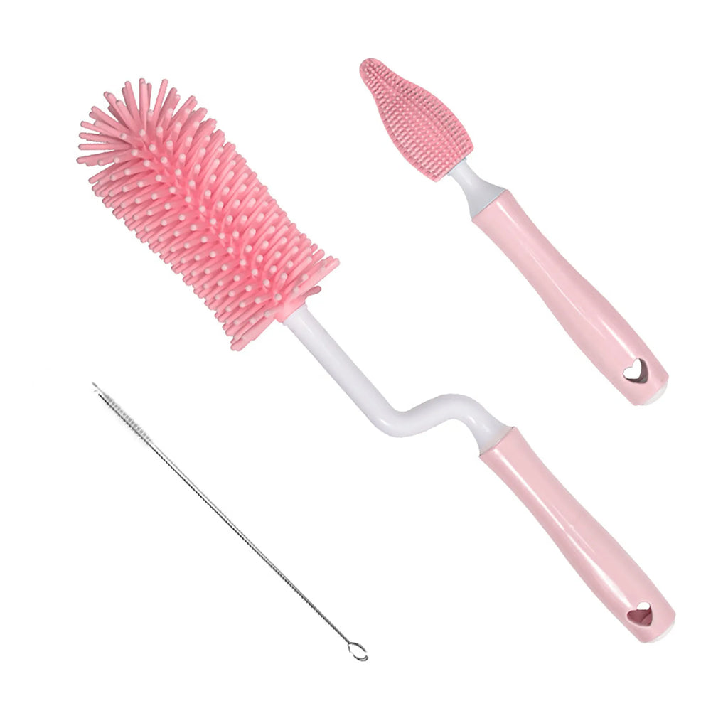 Silicone baby bottle brush with straw cleaning head in pink, blue or yellow colours