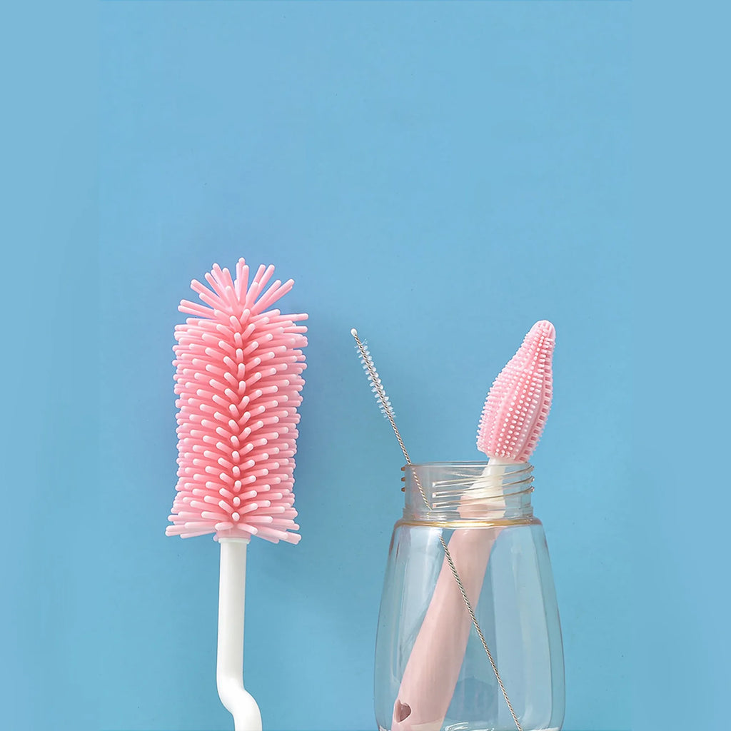 Silicone baby bottle brush with straw cleaning head in pink, blue or yellow colours