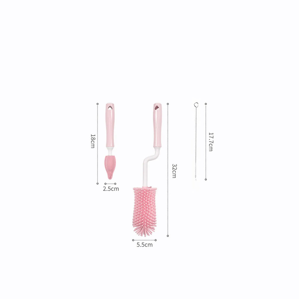 Silicone baby bottle brush with straw cleaning head in pink, blue or yellow colours