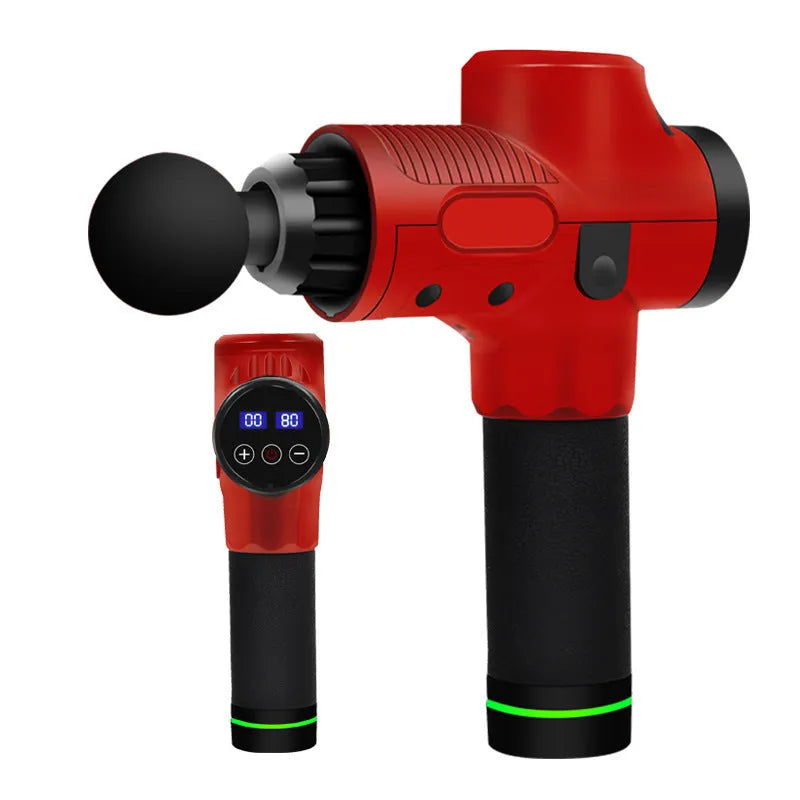 Black electric muscle massage gun with multiple attachment heads on grey background