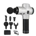 Black electric muscle massage gun with multiple attachment heads on grey background