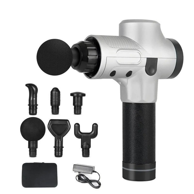 Black electric muscle massage gun with multiple attachment heads on grey background