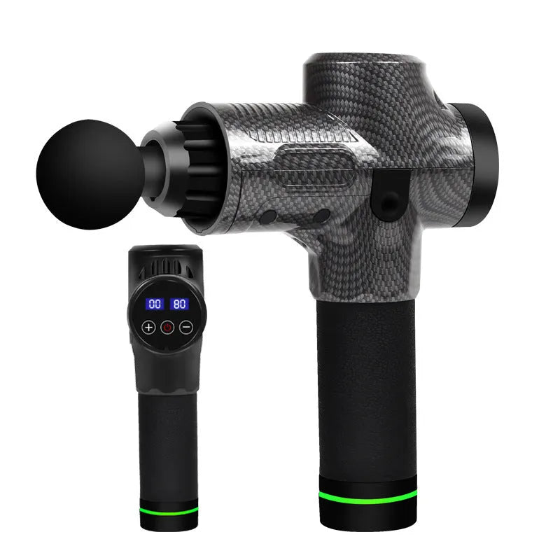 Black electric muscle massage gun with multiple attachment heads on grey background