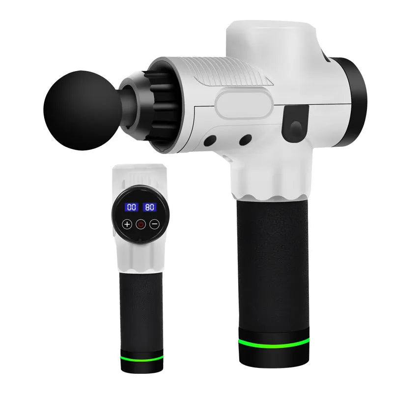 Black electric muscle massage gun with multiple attachment heads on grey background