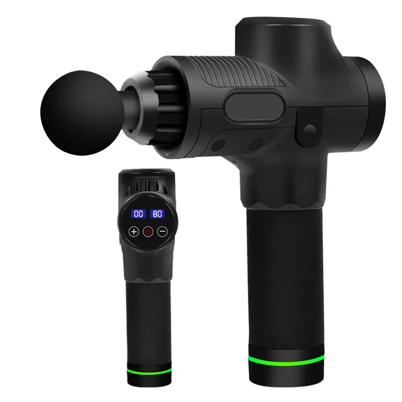 Black electric muscle massage gun with multiple attachment heads on grey background