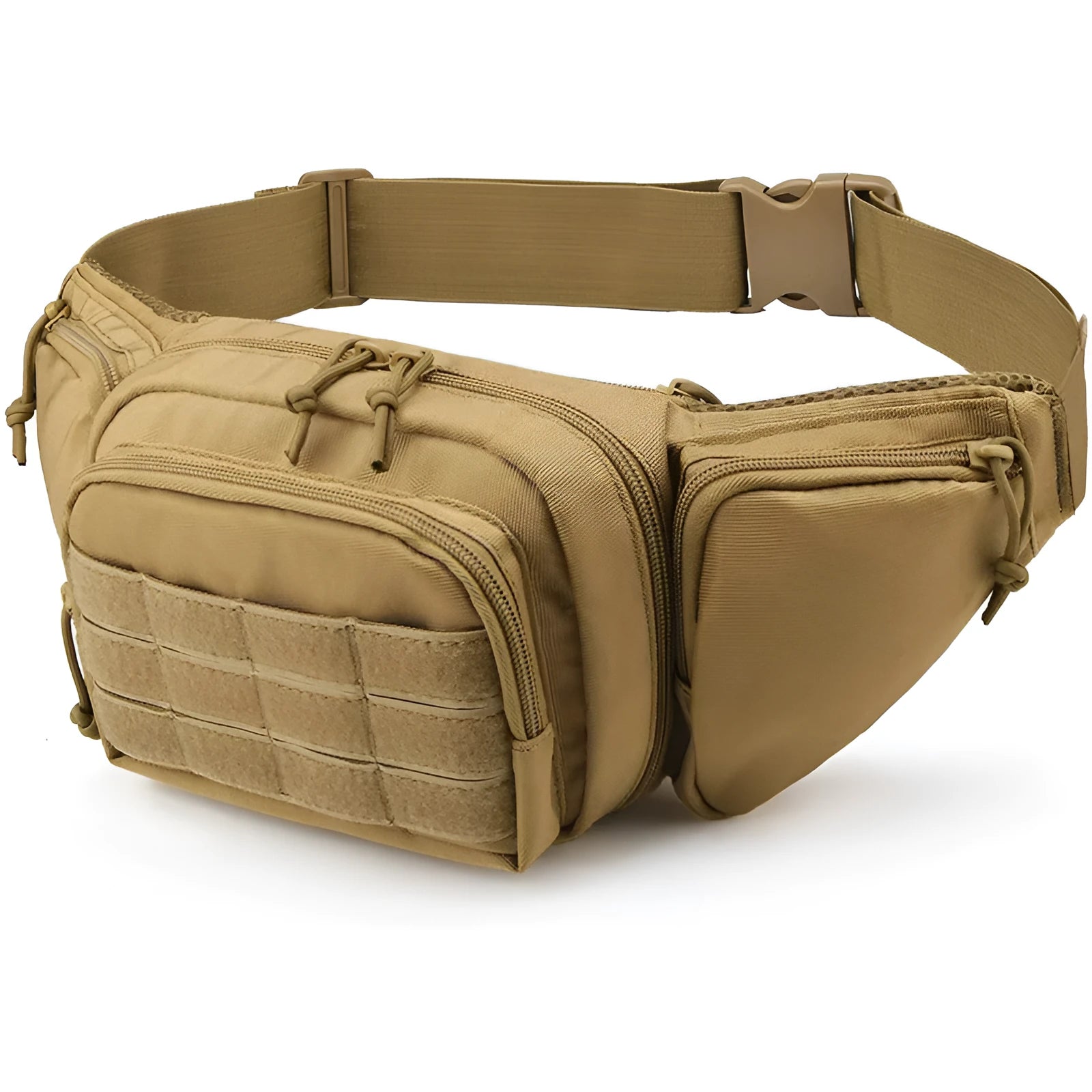 Men's black tactical waist bag worn on the hip, showing multiple pockets and an adjustable strap.