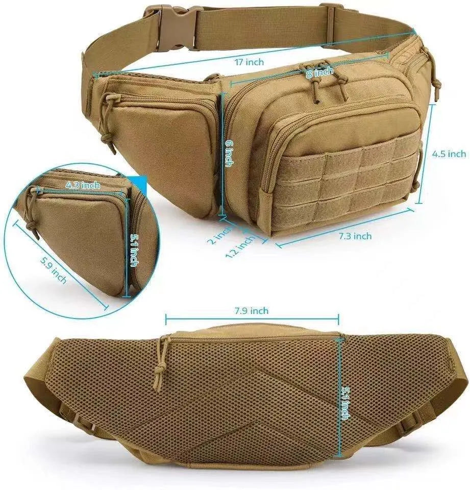 Men's black tactical waist bag worn on the hip, showing multiple pockets and an adjustable strap.