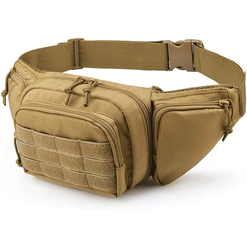 Men's black tactical waist bag worn on the hip, showing multiple pockets and an adjustable strap.