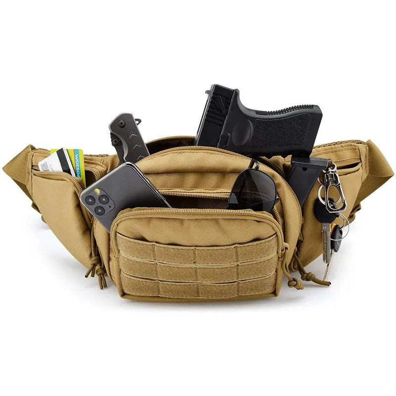 Men's black tactical waist bag worn on the hip, showing multiple pockets and an adjustable strap.