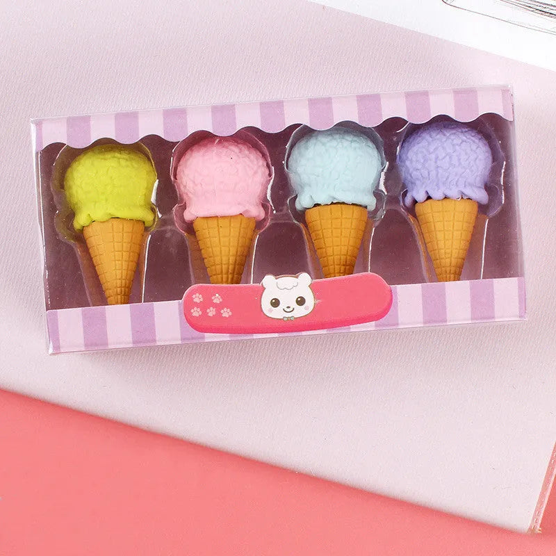 Set of 12 colourful cartoon food erasers including ice cream cones, donuts, and lollipops.