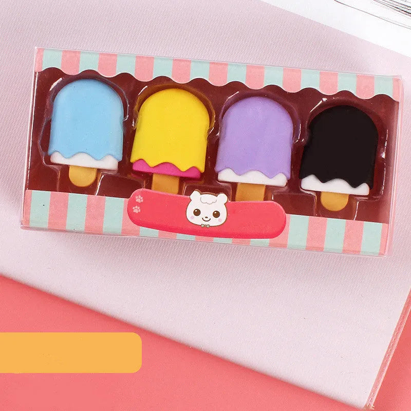 Set of 12 colourful cartoon food erasers including ice cream cones, donuts, and lollipops.
