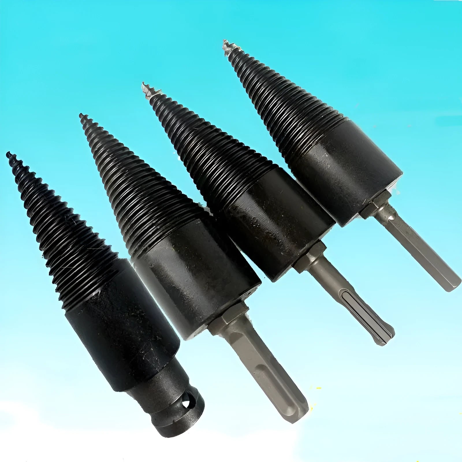 Hexagonal shank firewood splitting drill bit for electric drills, showing cone tip.