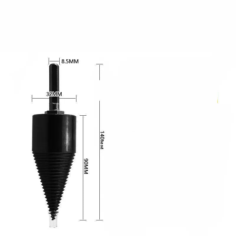 Hexagonal shank firewood splitting drill bit for electric drills, showing cone tip.