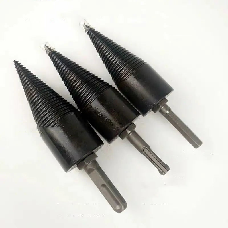 Hexagonal shank firewood splitting drill bit for electric drills, showing cone tip.