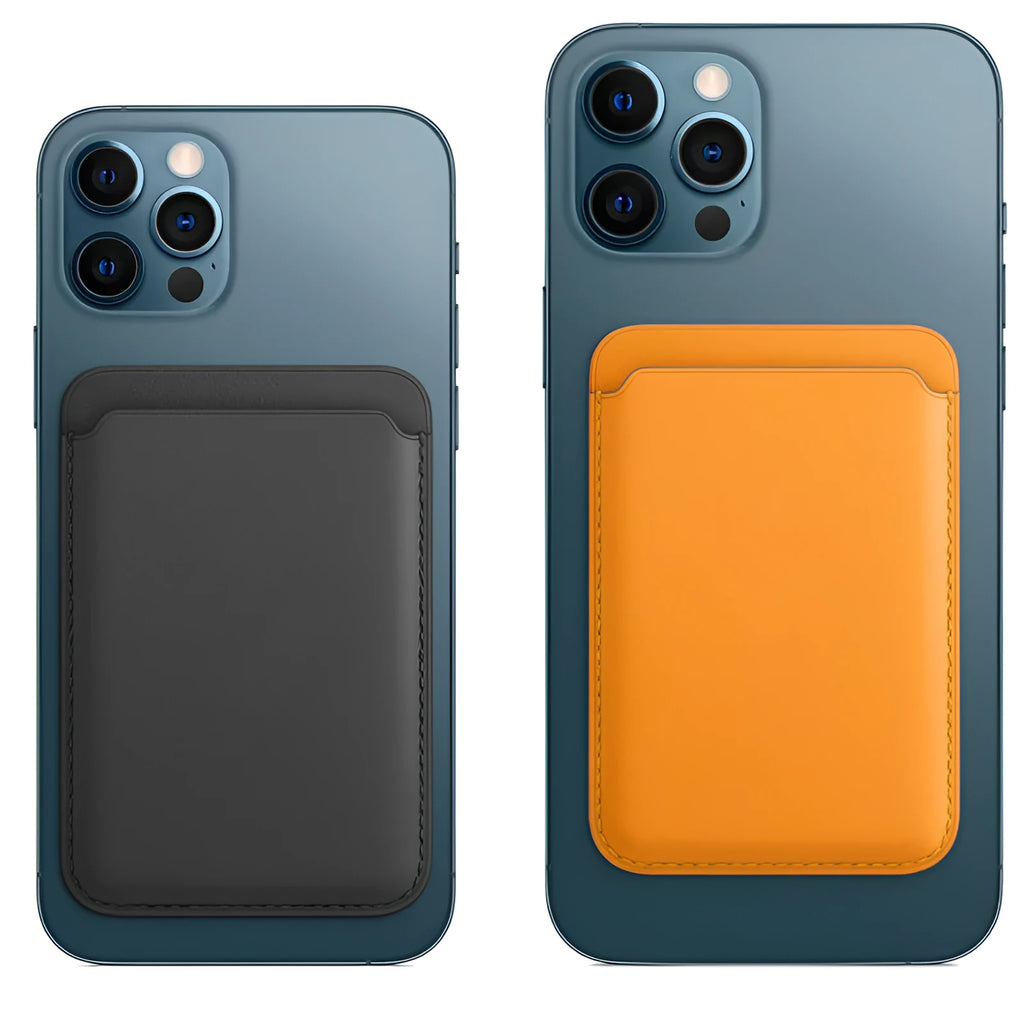 MagSafe-compatible iPhone case in PU leather with an integrated magnetic card holder, shown in dark blue.