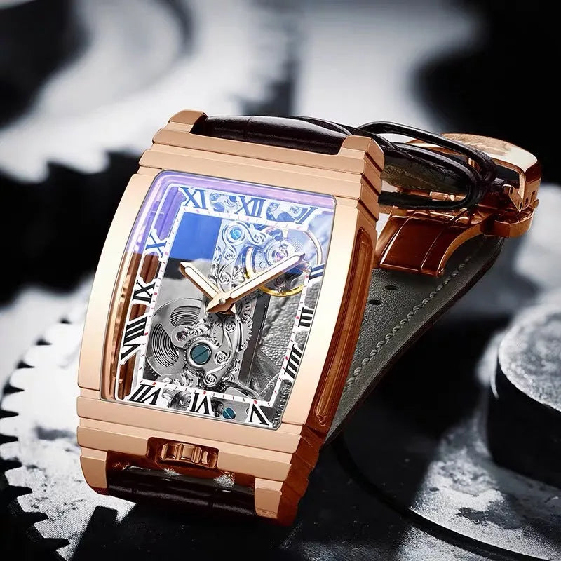 Daystar unisex stainless steel square manual mechanical watch with leather strap showing 42mm dial