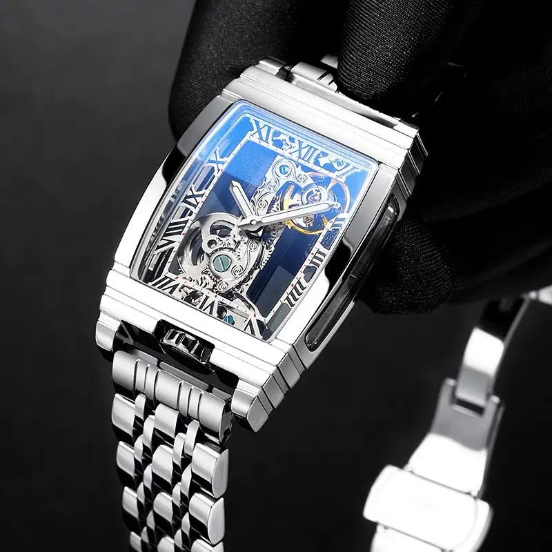 Daystar unisex stainless steel square manual mechanical watch with leather strap showing 42mm dial