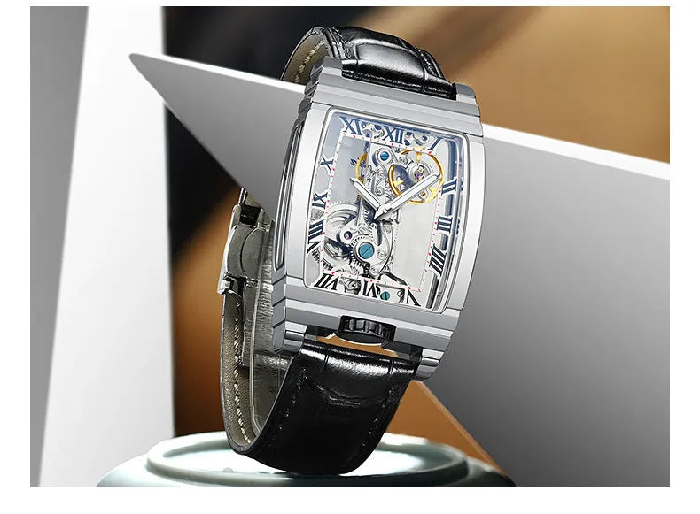 Daystar unisex stainless steel square manual mechanical watch with leather strap showing 42mm dial