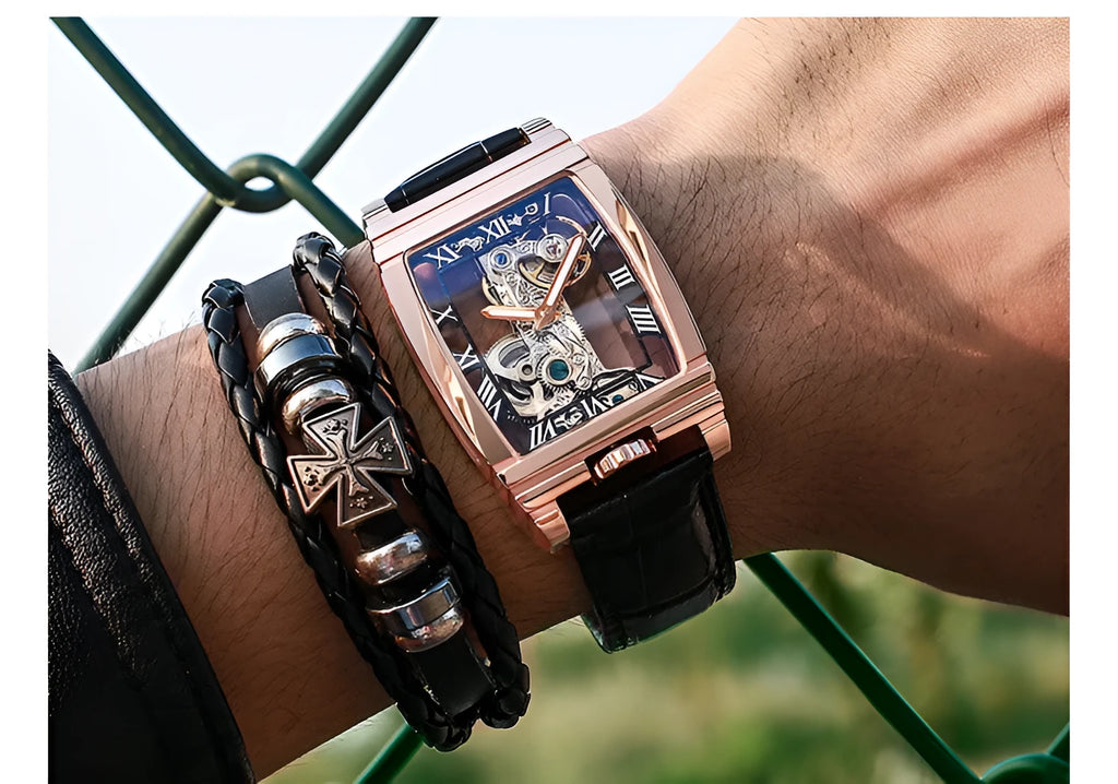 Daystar unisex stainless steel square manual mechanical watch with leather strap showing 42mm dial