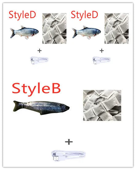 A multicolour electronic jumping fish cat toy measuring 30cm long with a USB charging cable.