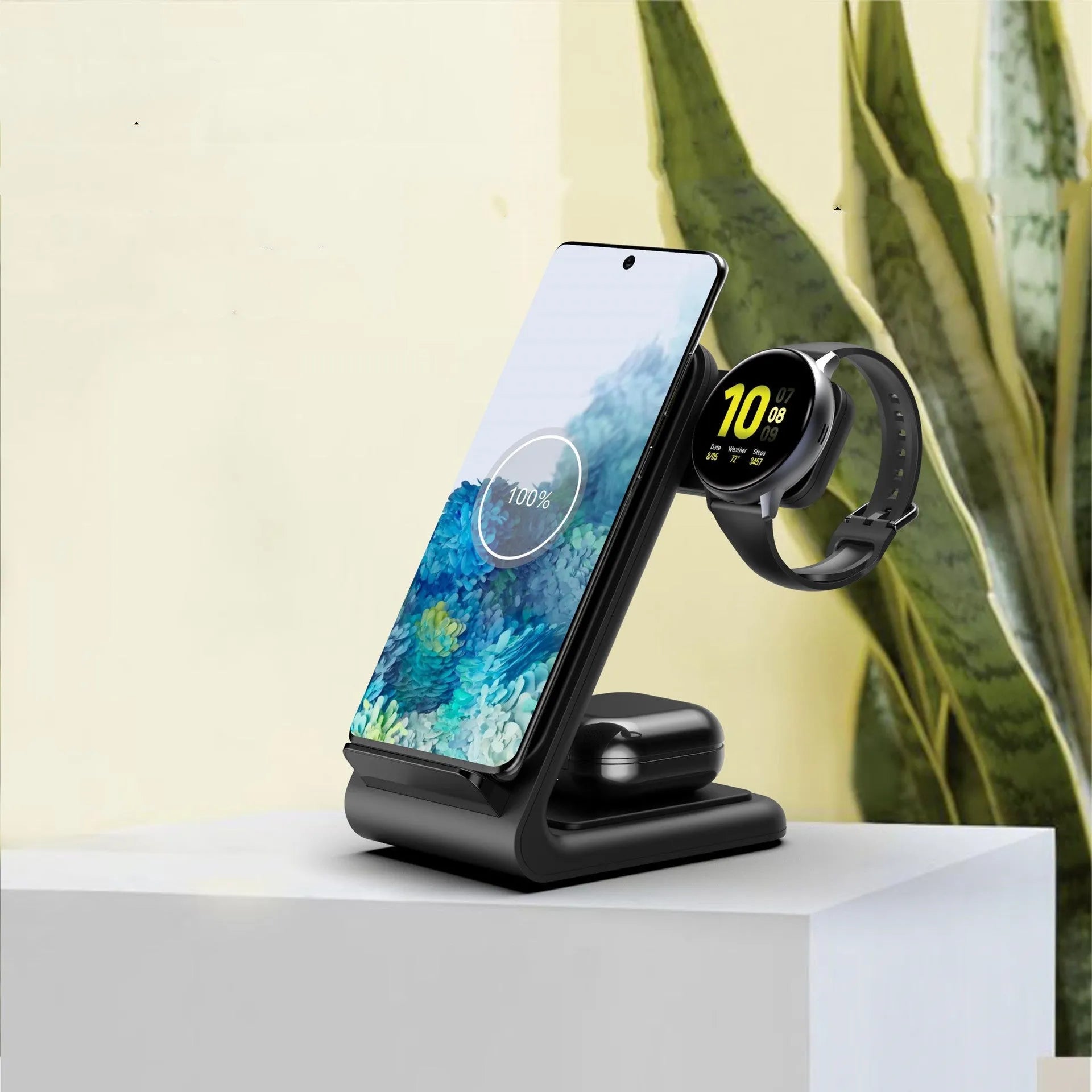 Three-in-one wireless charging bracket for iPhone and Samsung smartwatches in black and white colour options