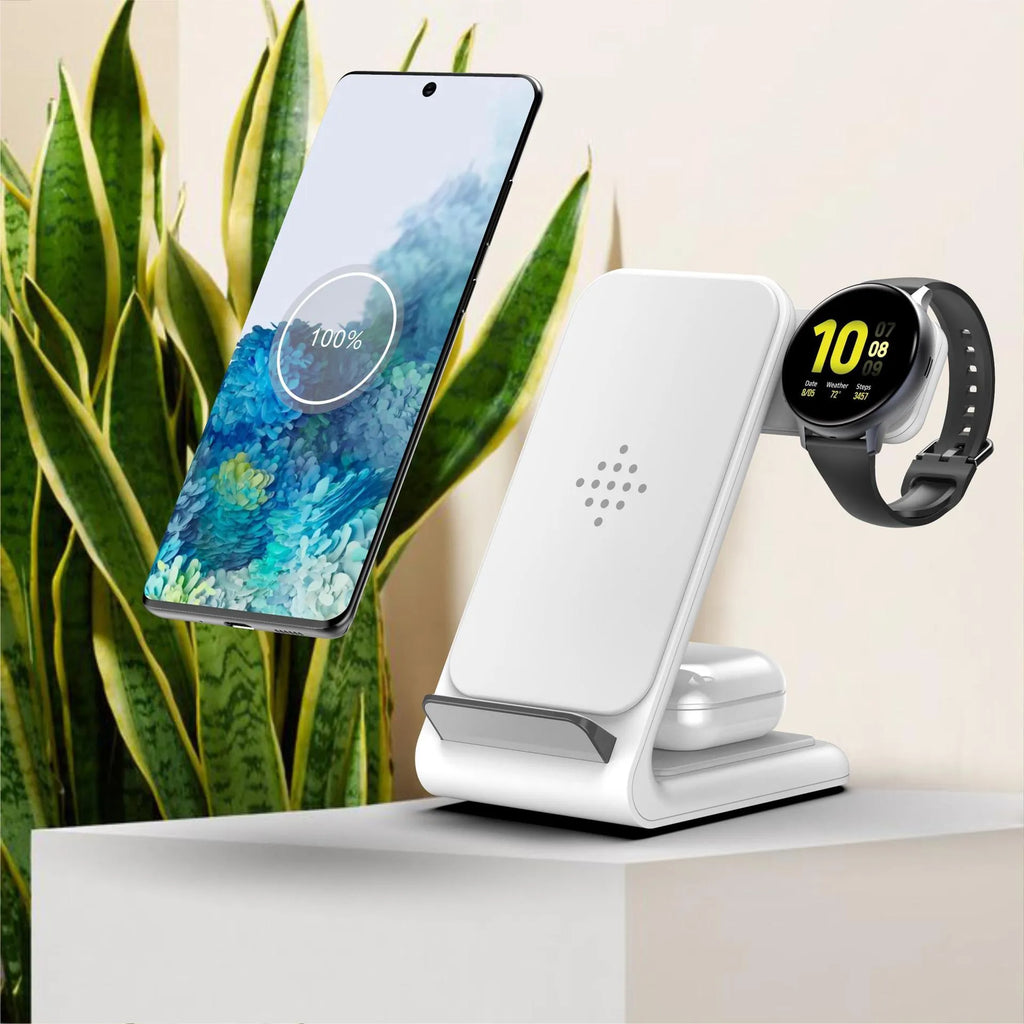 Three-in-one wireless charging bracket for iPhone and Samsung smartwatches in black and white colour options